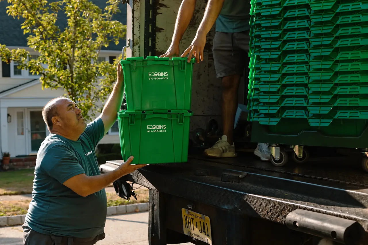 Two moving crew members loading reusable green EcoBins into a truck