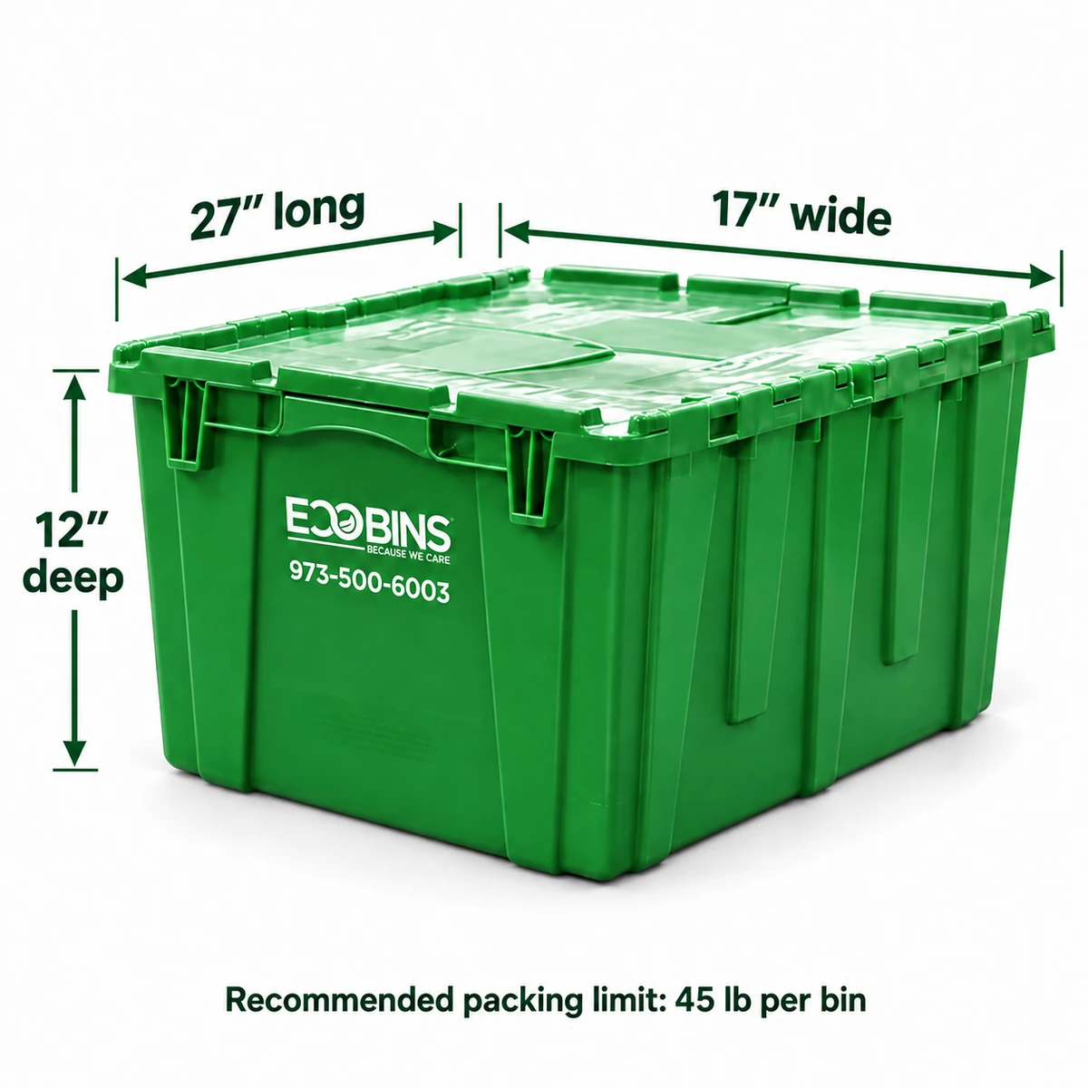 EcoBins moving bin with dimension arrows: 27 inches long, 17 inches wide and 12 inches deep. Recommended packing limit: 45 pounds per bin.