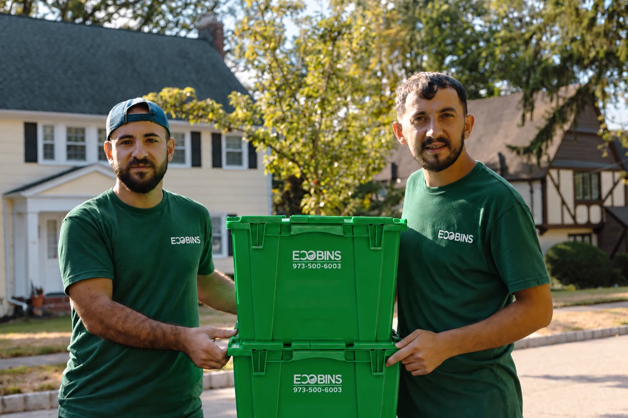 Two EcoBins team members wearing green EcoBins shirts beside our reusable moving bins