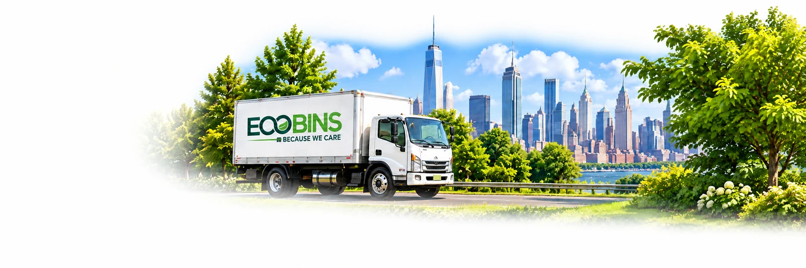 EcoBins delivery truck in a green New Jersey waterfront scene